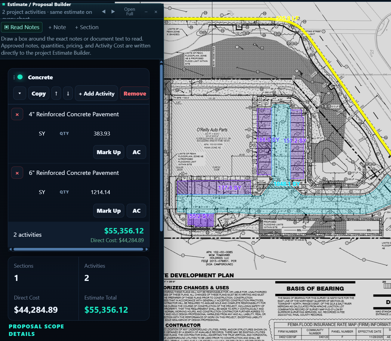Civil estimating software with project plans, quantities and estimate builder